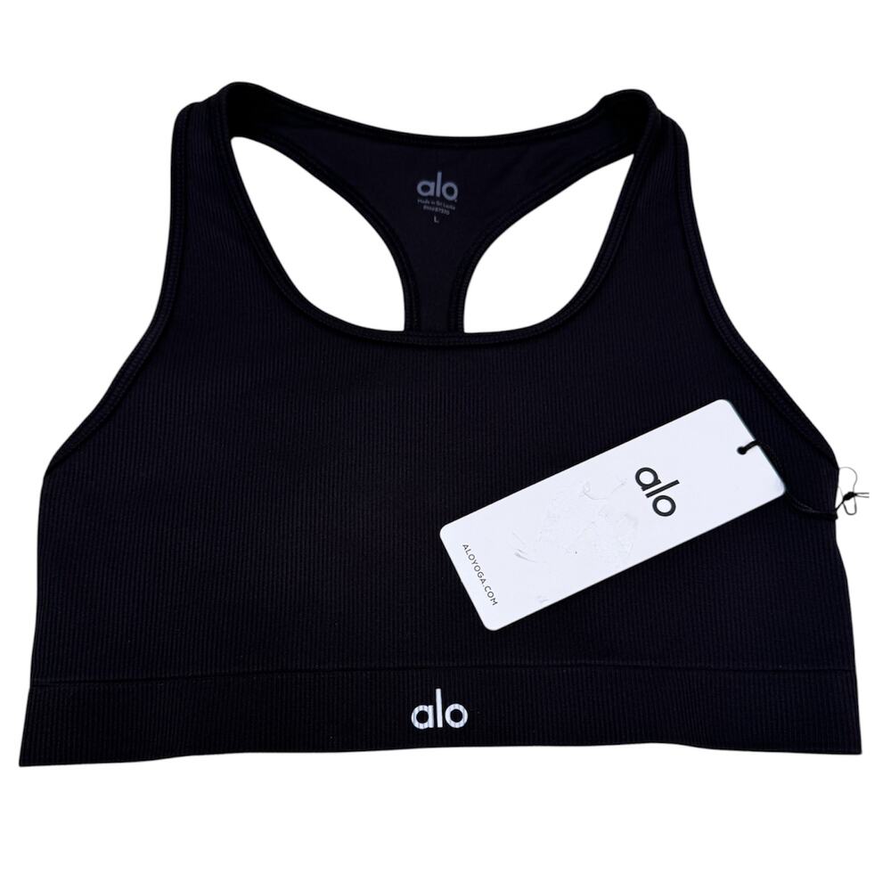 ALO Women's Seamless Ribbed Bra, Black, Size L